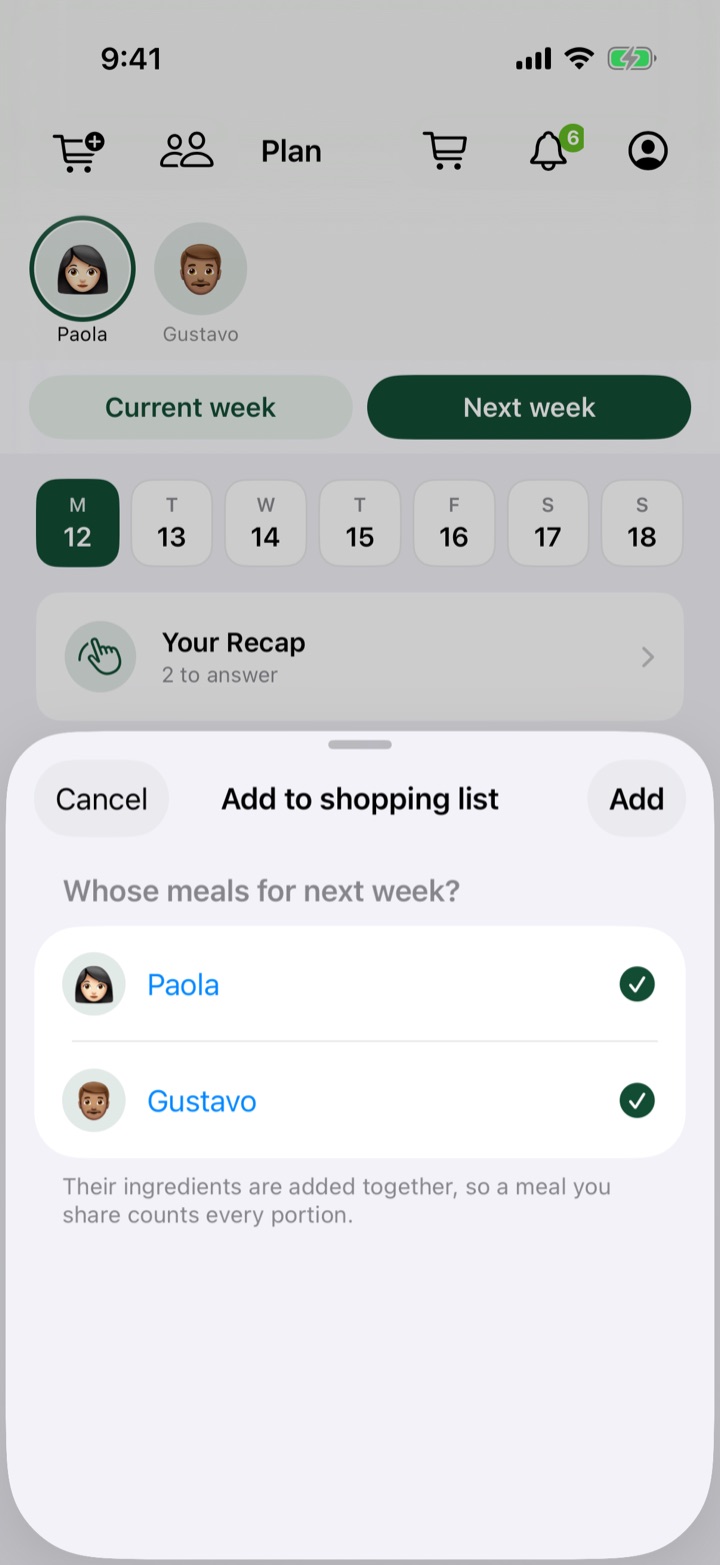 Choosing whose meals to add to the shopping list